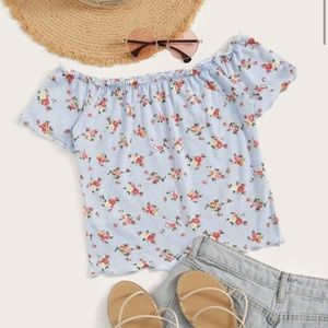 Blue floral off the shoulder shirt